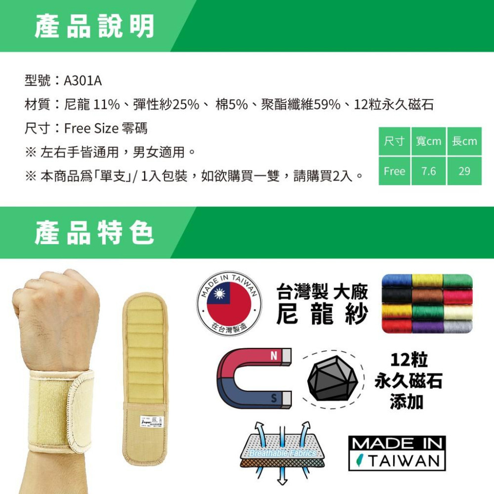 【Jasper 大來護具】護腕 護手腕 磁石護腕 12粒永久磁石 磁力護腕  磁力貼 手腕護具  A301A-細節圖3