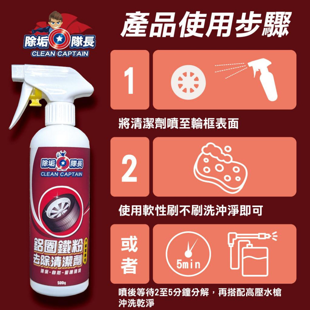 【除垢隊長】鋁圈鐵粉 去除清潔劑 汽機車專用 500g 台灣製造 鐵粉去除 鋼圈清潔 輪胎清潔 煞車盤去鏽 鐵粉清潔劑-細節圖8