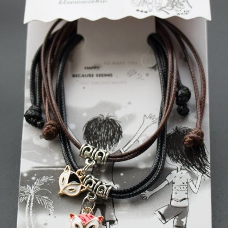 彩釉手鍊 狐狸 扶桑花 樹葉 時尚 情侶手鍊 皮繩蠟線男女手環 情人節禮品 手飾品🔱菁忻皂作🎶-細節圖2