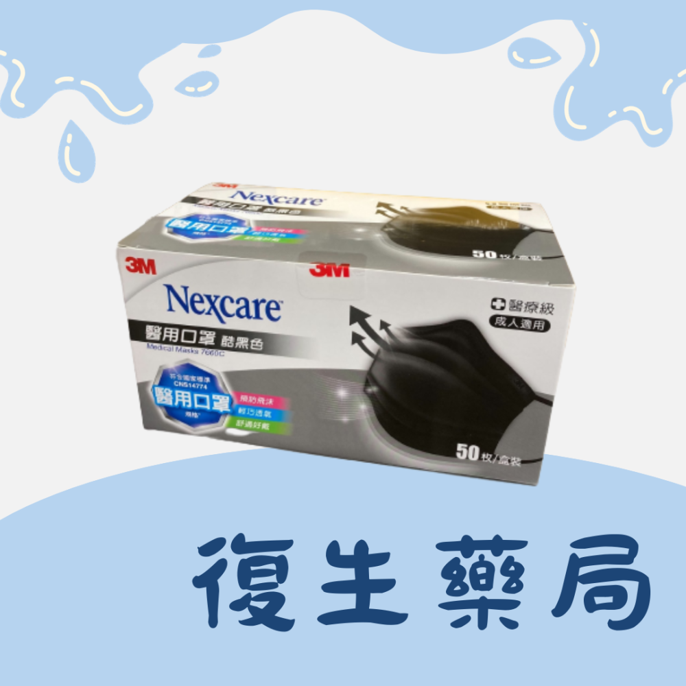 ❰復生藥局❱🌟3M Nexcare 7660C 成人醫用口罩50入 清爽藍/酷黑色-細節圖2