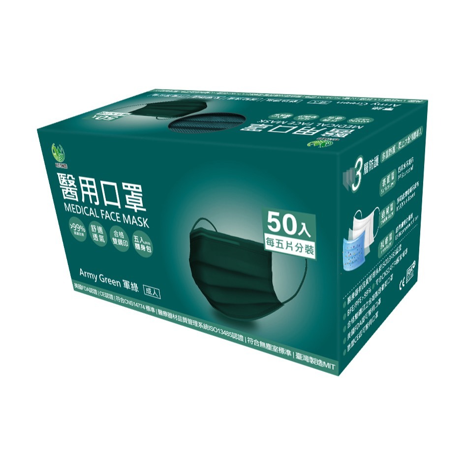 旺昌 MIT(臺灣生產）醫用成人口罩50入（5入/10包）（未滅菌）酒紅/深丹藍/軍綠/酷炫黑-規格圖1