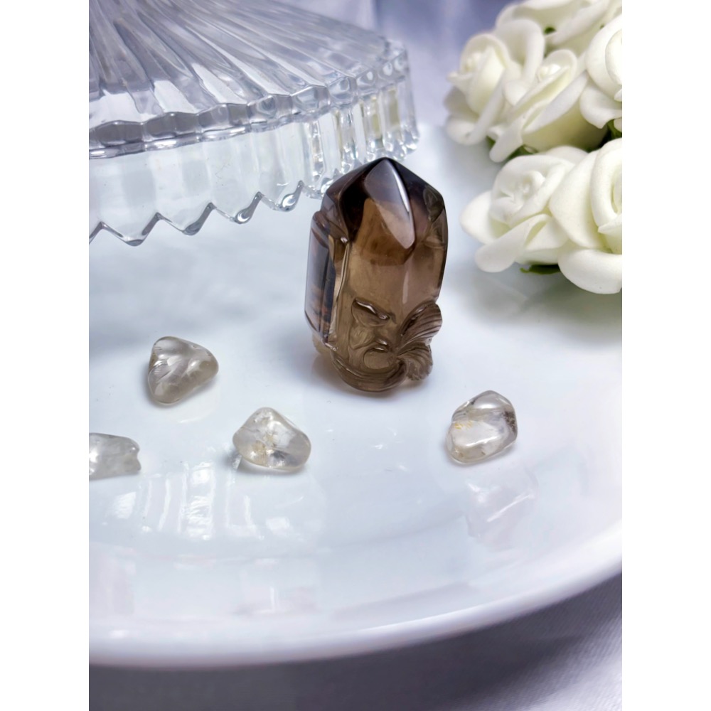 現貨✿天然雙色茶晶雲母小晶柱九尾狐擺件-細節圖2