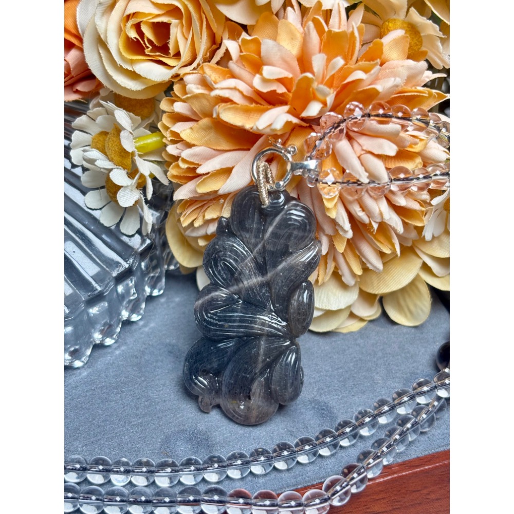 ✿天然極美金黑金骨幹太陽石九尾狐項鍊-細節圖2