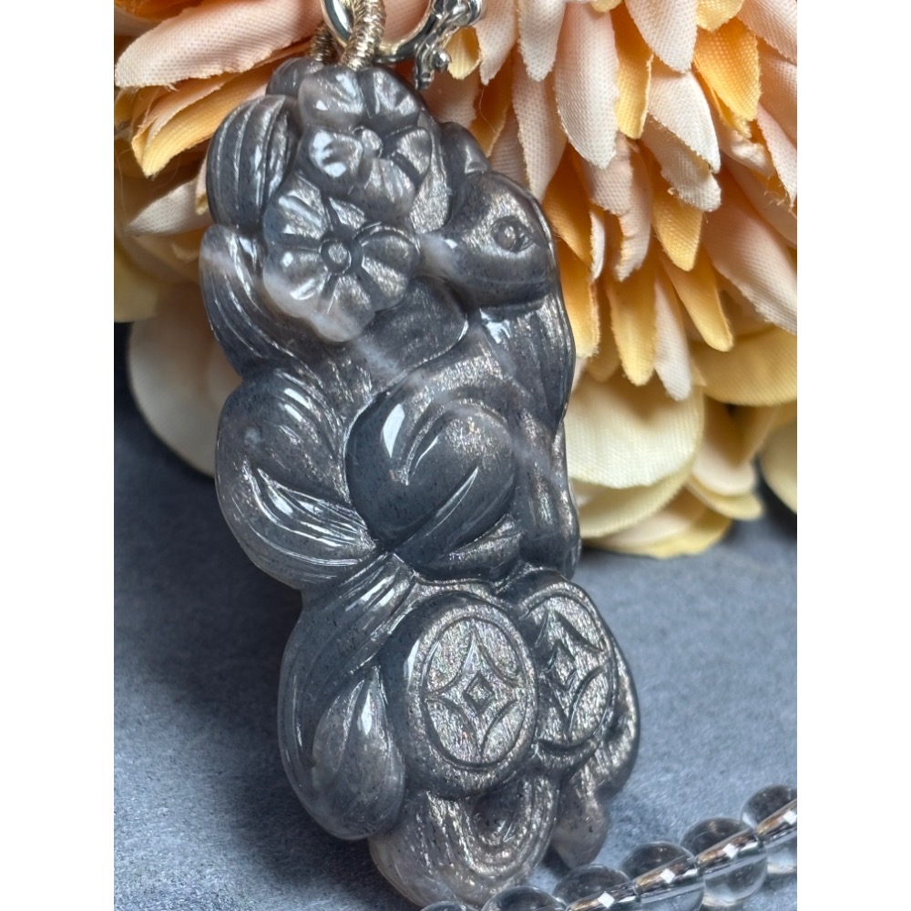 ✿天然極美金黑金骨幹太陽石九尾狐項鍊-細節圖3