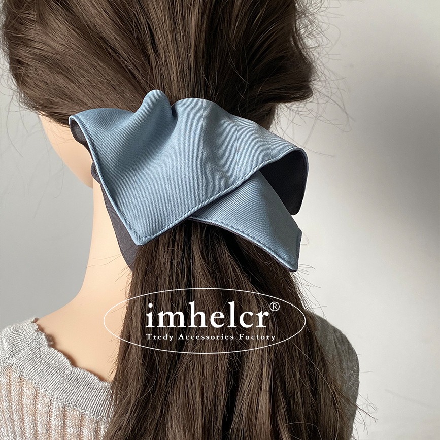 〔現貨〕藍色灰色西裝面料 AB 面雙拼方巾髮圈-細節圖2