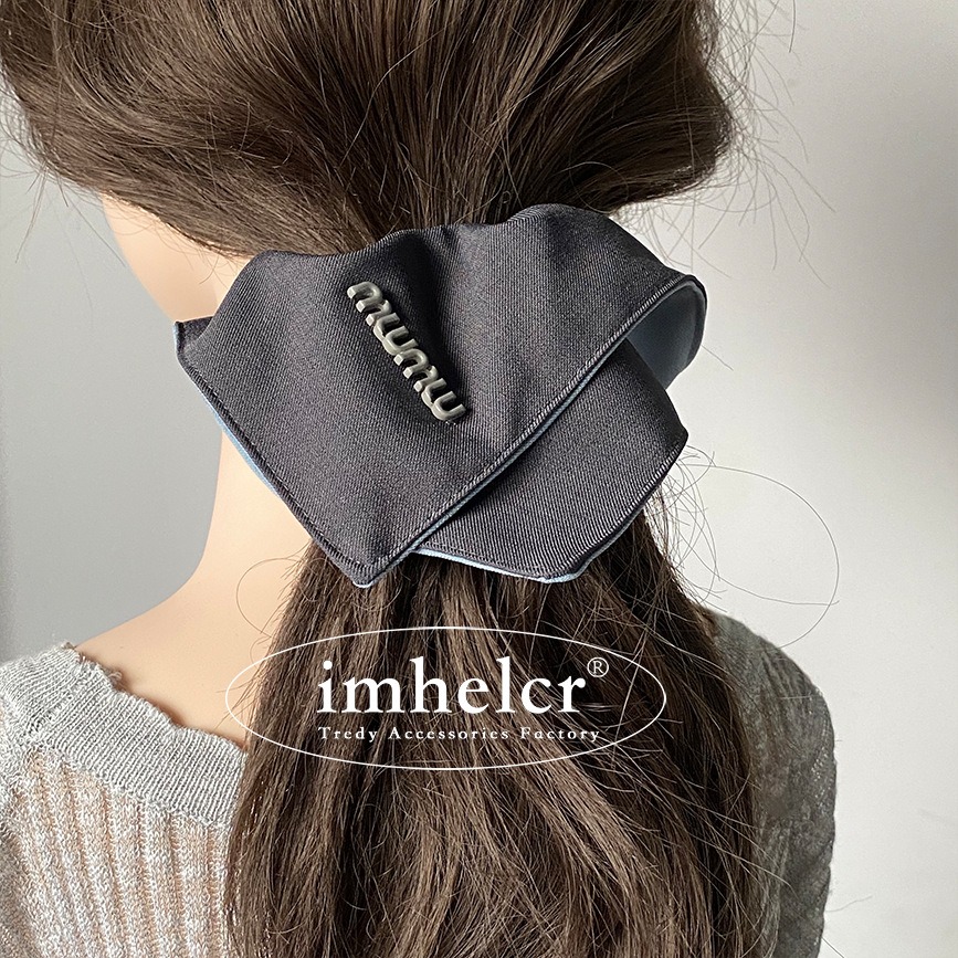 〔現貨〕藍色灰色西裝面料 AB 面雙拼方巾髮圈-細節圖3