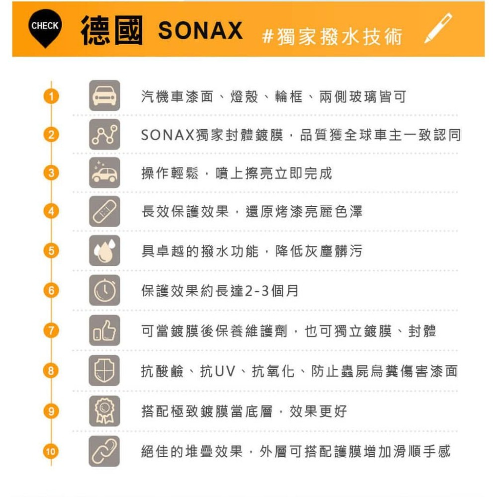 SONAX 奈米超撥水鍍膜250ml  耐酸鹼 奈米撥水聚合物 封體維護 機車鍍膜250ml 輪框保養 德國進口-細節圖5