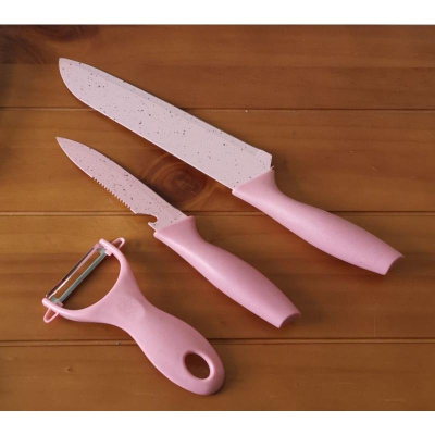 全新廚房用具，粉紅色刀具三件組+316不鏽鋼砧板兩塊，五樣商品一起賣