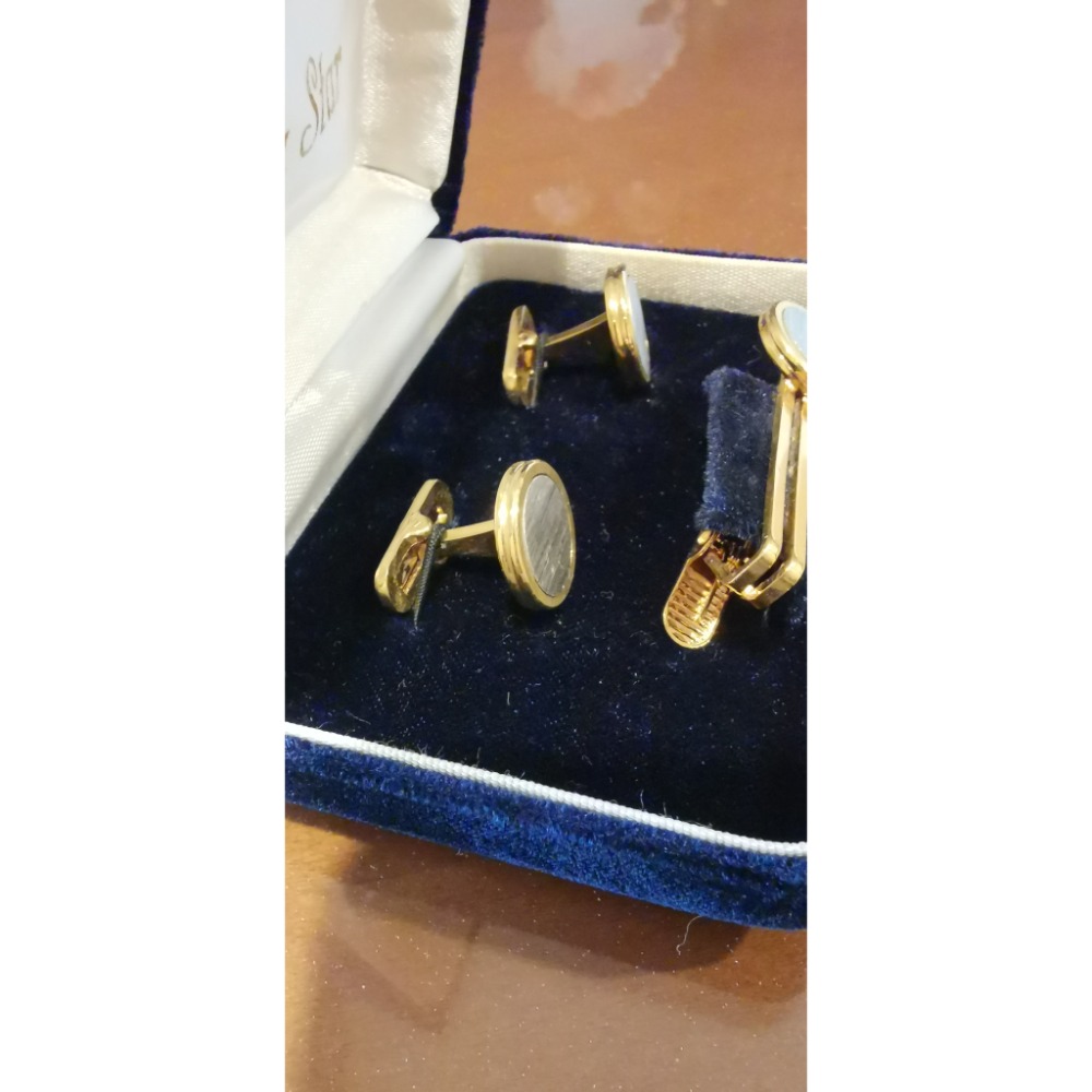 全新老收藏品，日本製造，Aroma Star領帶+袖扣禮盒組，附絨布禮盒與紙盒-細節圖2