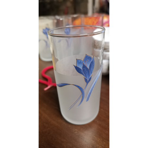 二手水杯，舊時光，復古霧面藍色花朵玻璃杯，一組六個打包一起賣