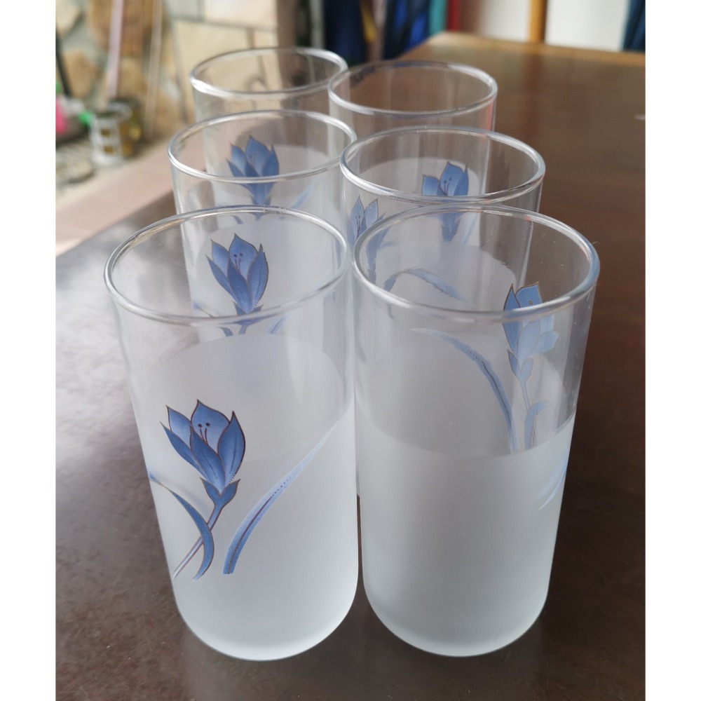 二手水杯，舊時光，復古霧面藍色花朵玻璃杯，一組六個打包一起賣-細節圖4