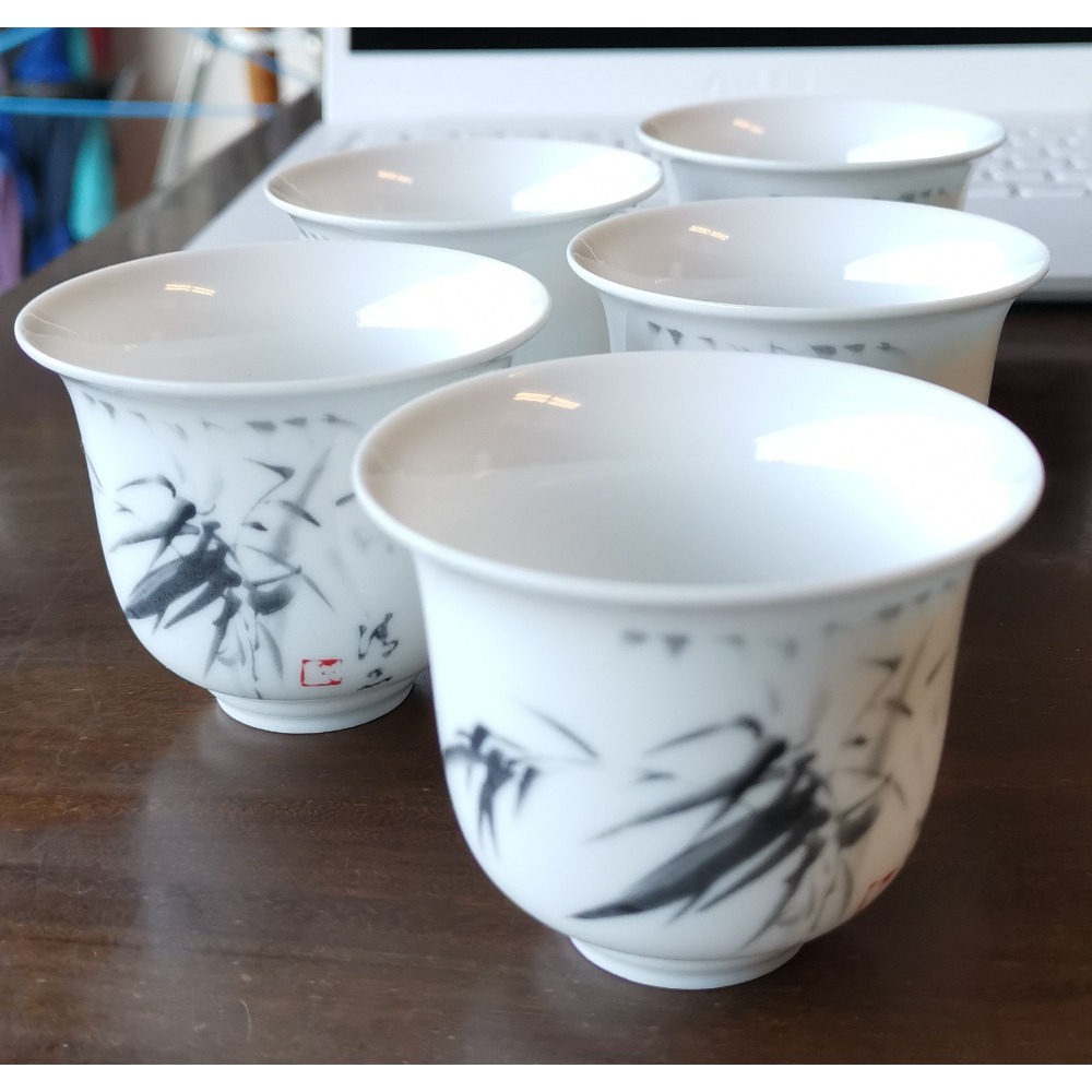 二手輕薄骨瓷茶杯，竹子圖案，五個打包一起賣，茶杯容量約100ml-細節圖4