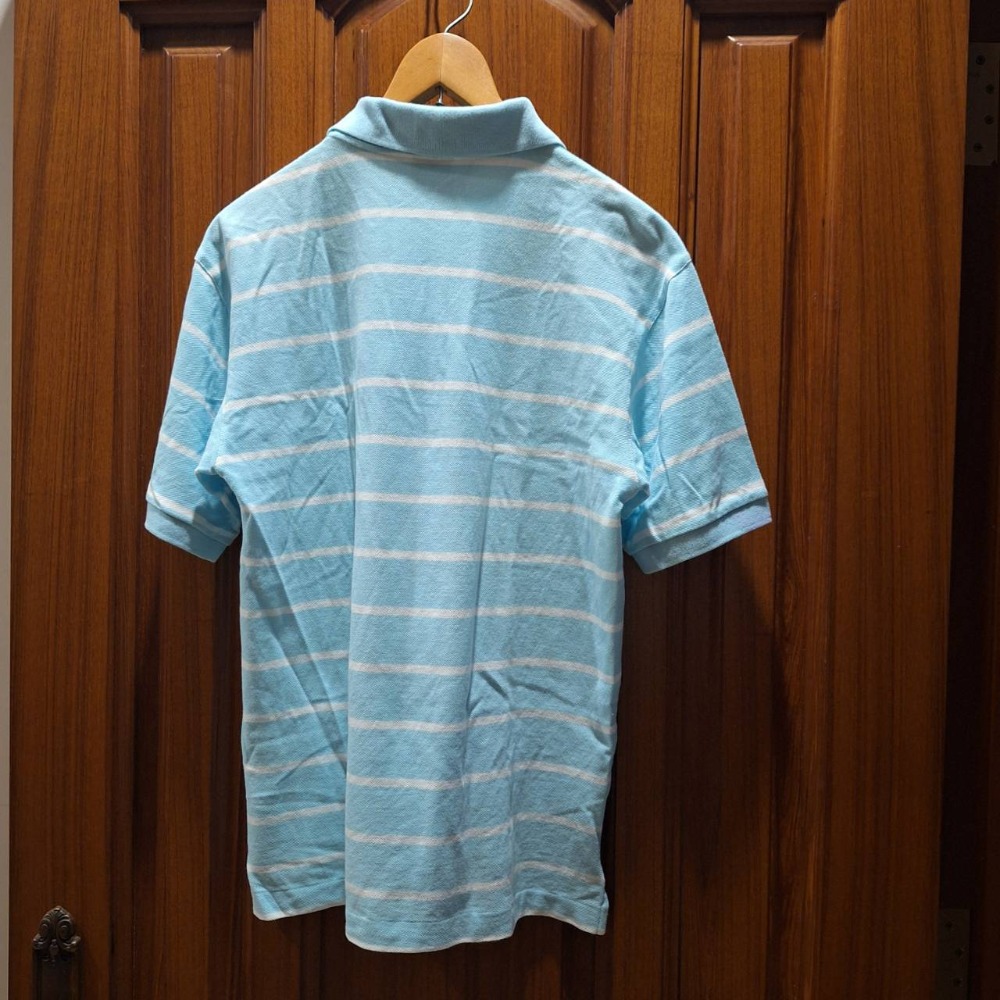 台灣製, 二手ARNOLD PALMER 100%純棉男士短袖淺藍色條紋Polo衫, 尺碼M號-細節圖2