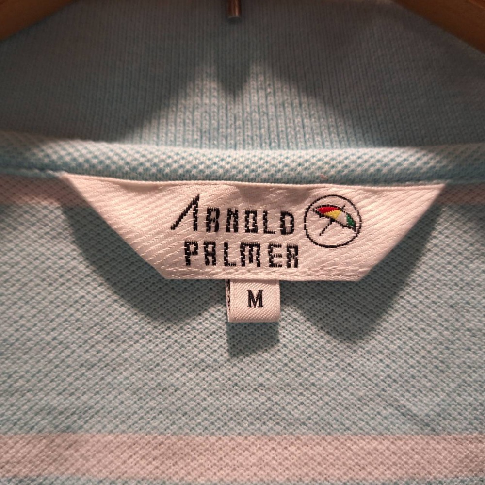 台灣製, 二手ARNOLD PALMER 100%純棉男士短袖淺藍色條紋Polo衫, 尺碼M號-細節圖3