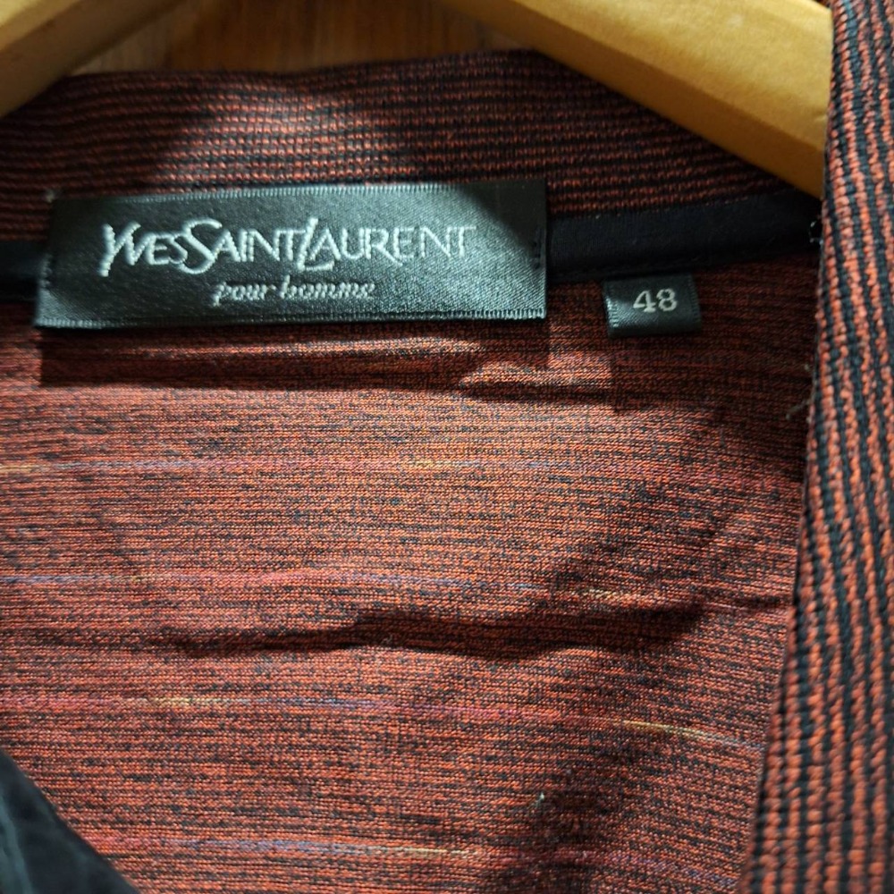 二手YSL/Yves Saint Laurent 100%純棉男士長袖磚紅色條紋Polo衫,尺碼48號-細節圖3