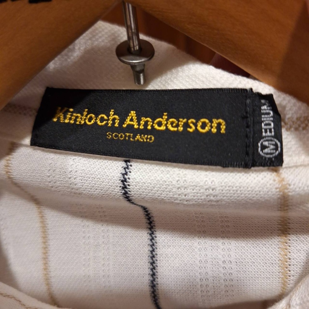 日本製, 二手Kinlooh Anderson男士100%純棉長袖白色條紋Polo衫,領口為拉鍊式,尺碼M號-細節圖3