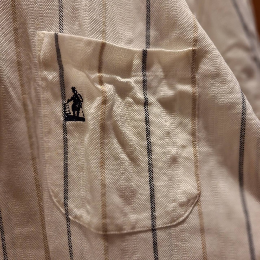 日本製, 二手Kinlooh Anderson男士100%純棉長袖白色條紋Polo衫,領口為拉鍊式,尺碼M號-細節圖4