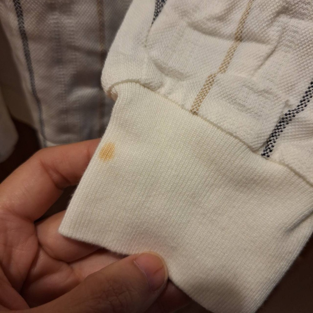 日本製, 二手Kinlooh Anderson男士100%純棉長袖白色條紋Polo衫,領口為拉鍊式,尺碼M號-細節圖6