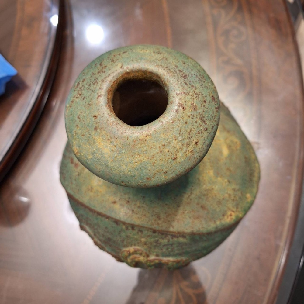 陶藝家賴秋糖作品, 窄口綠釉陶土花瓶, 底部有落款,手感挺沉-細節圖4