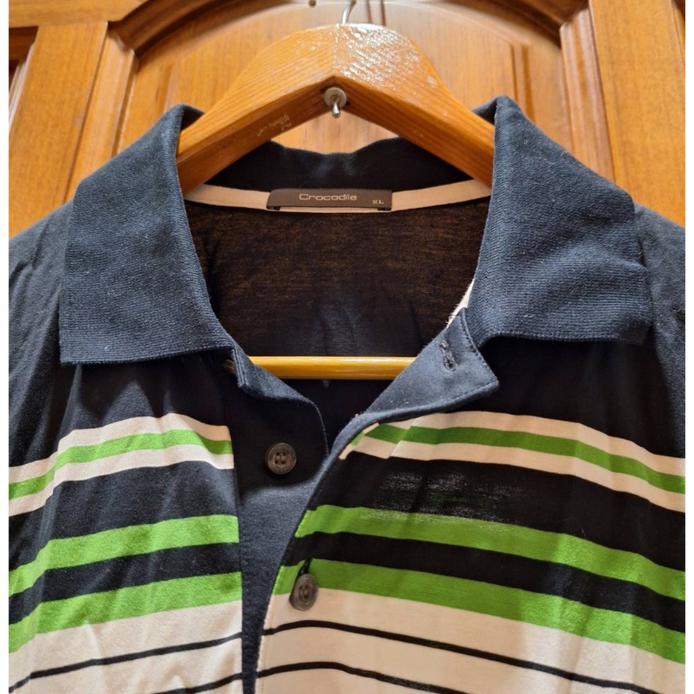 二手九成新Crocodile男士短袖藍綠白三色條紋100%純棉Polo衫,尺碼XL號-細節圖3