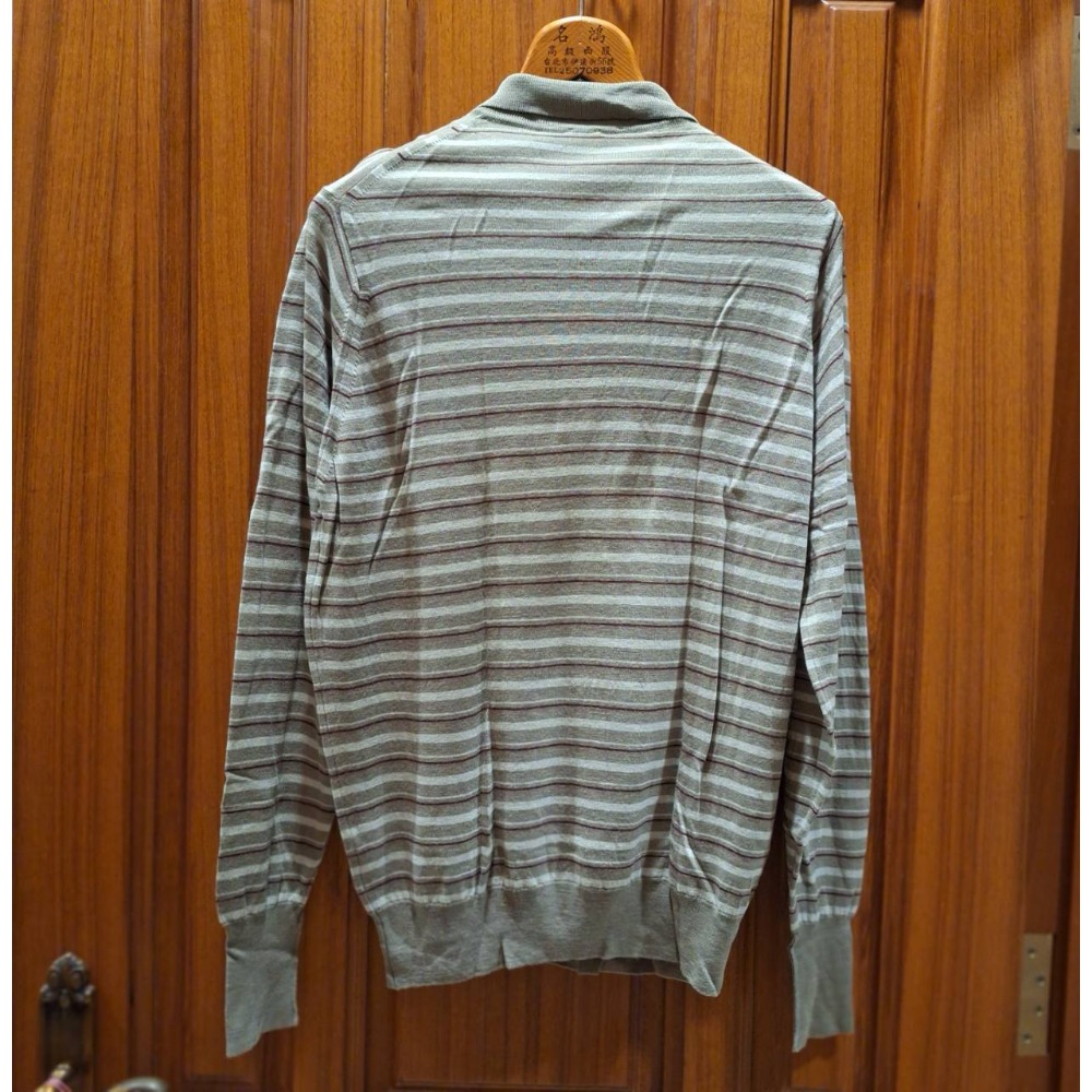 二手商品, 英國製, John Smedley男士100%羊毛灰白紅條紋長袖Polo衫, 適合尺碼, M-L號-細節圖2