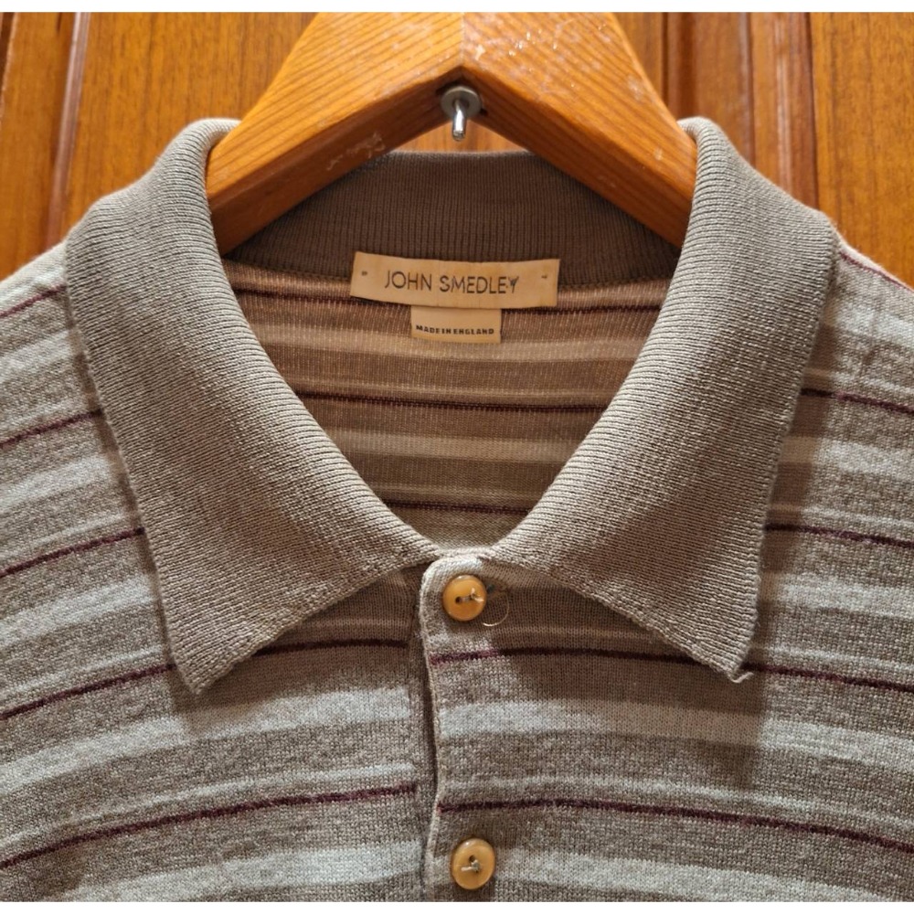 二手商品, 英國製, John Smedley男士100%羊毛灰白紅條紋長袖Polo衫, 適合尺碼, M-L號-細節圖3
