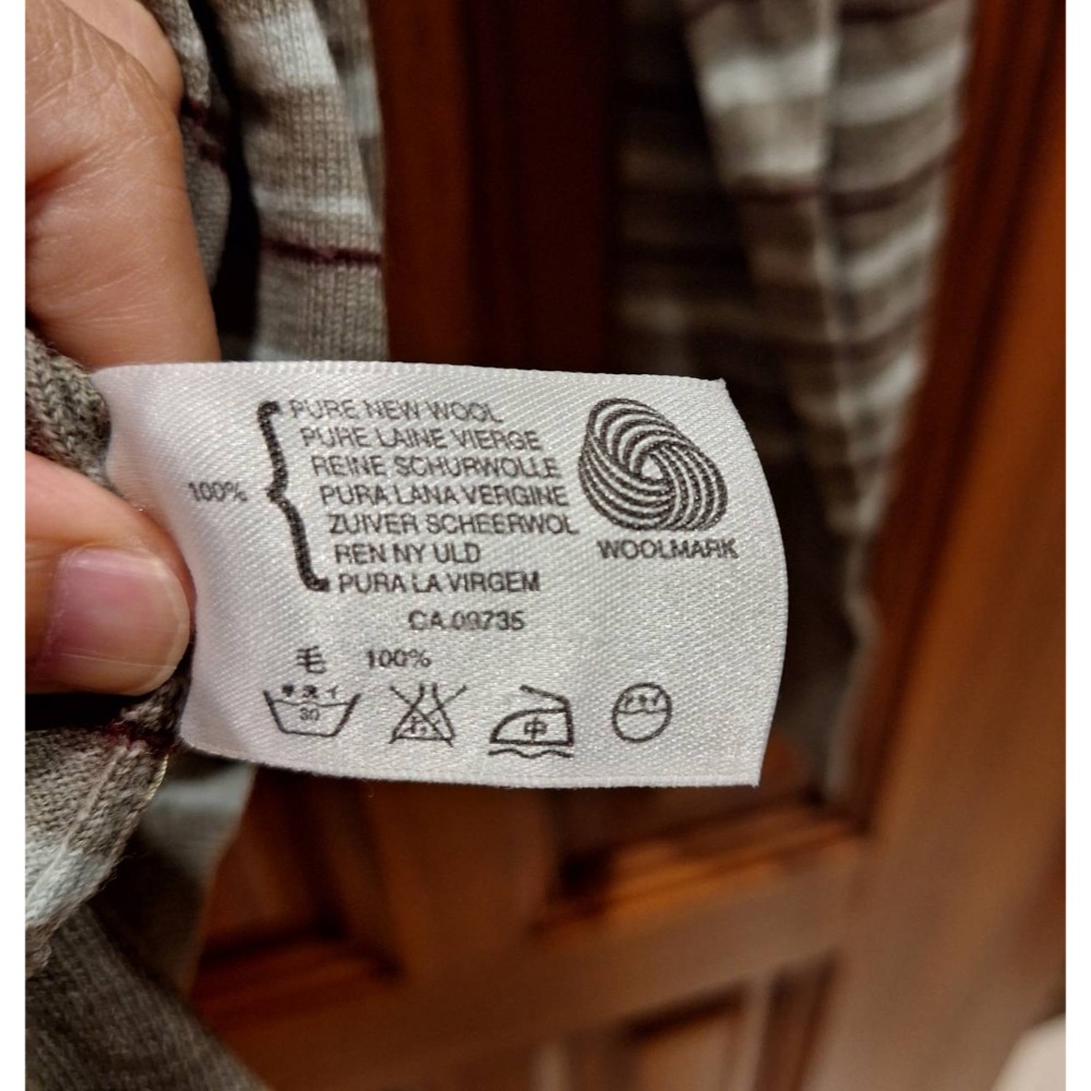 二手商品, 英國製, John Smedley男士100%羊毛灰白紅條紋長袖Polo衫, 適合尺碼, M-L號-細節圖7