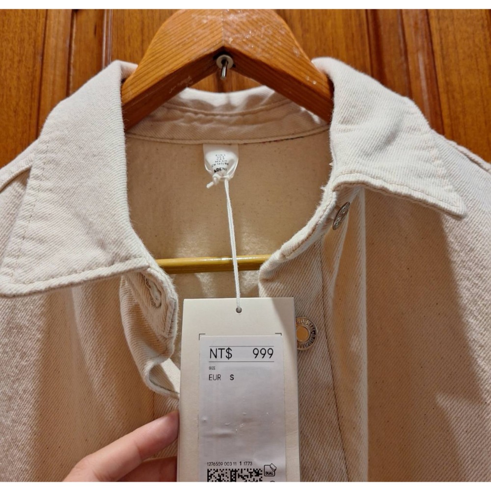 全新女士H&M oversized米白色丹寧布短袖夾克外套, 尺碼S號-細節圖3