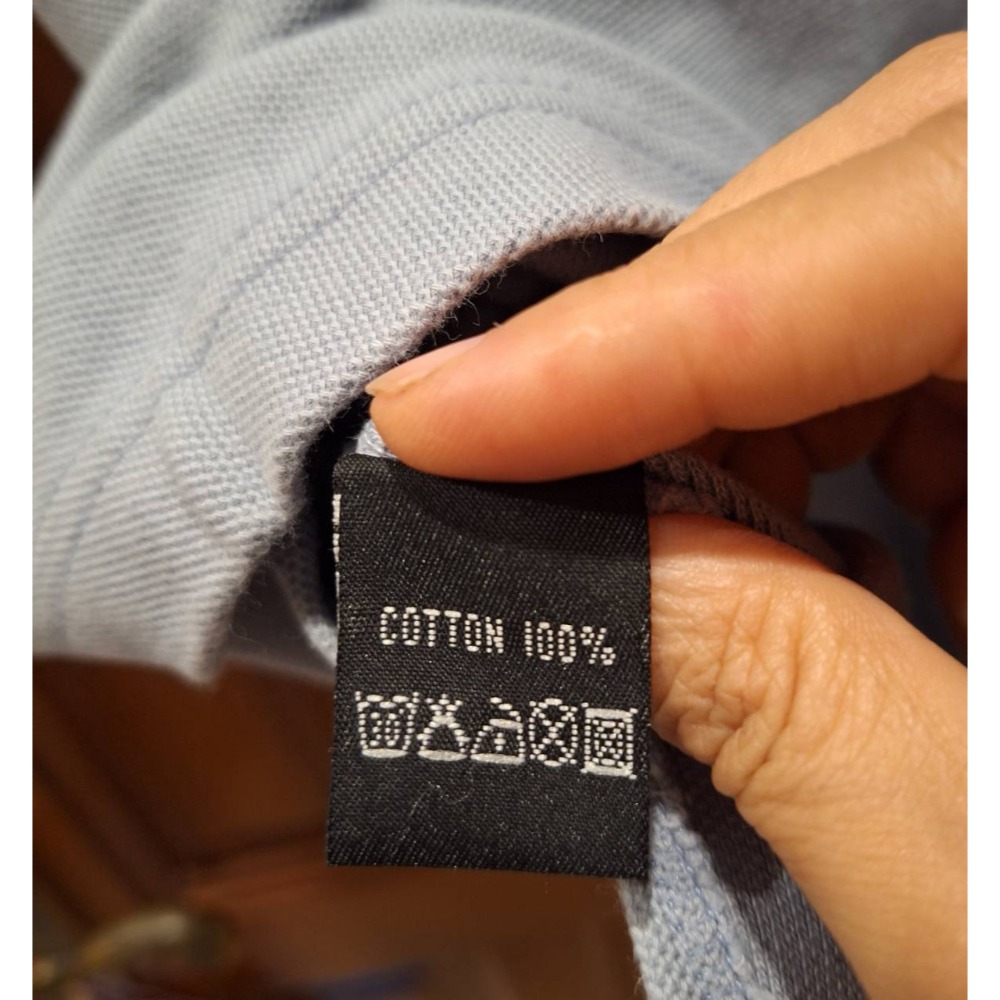 二手九成新Mercedes Benz男士短袖淺藍色條紋100%純棉Polo衫,尺碼L號-細節圖6