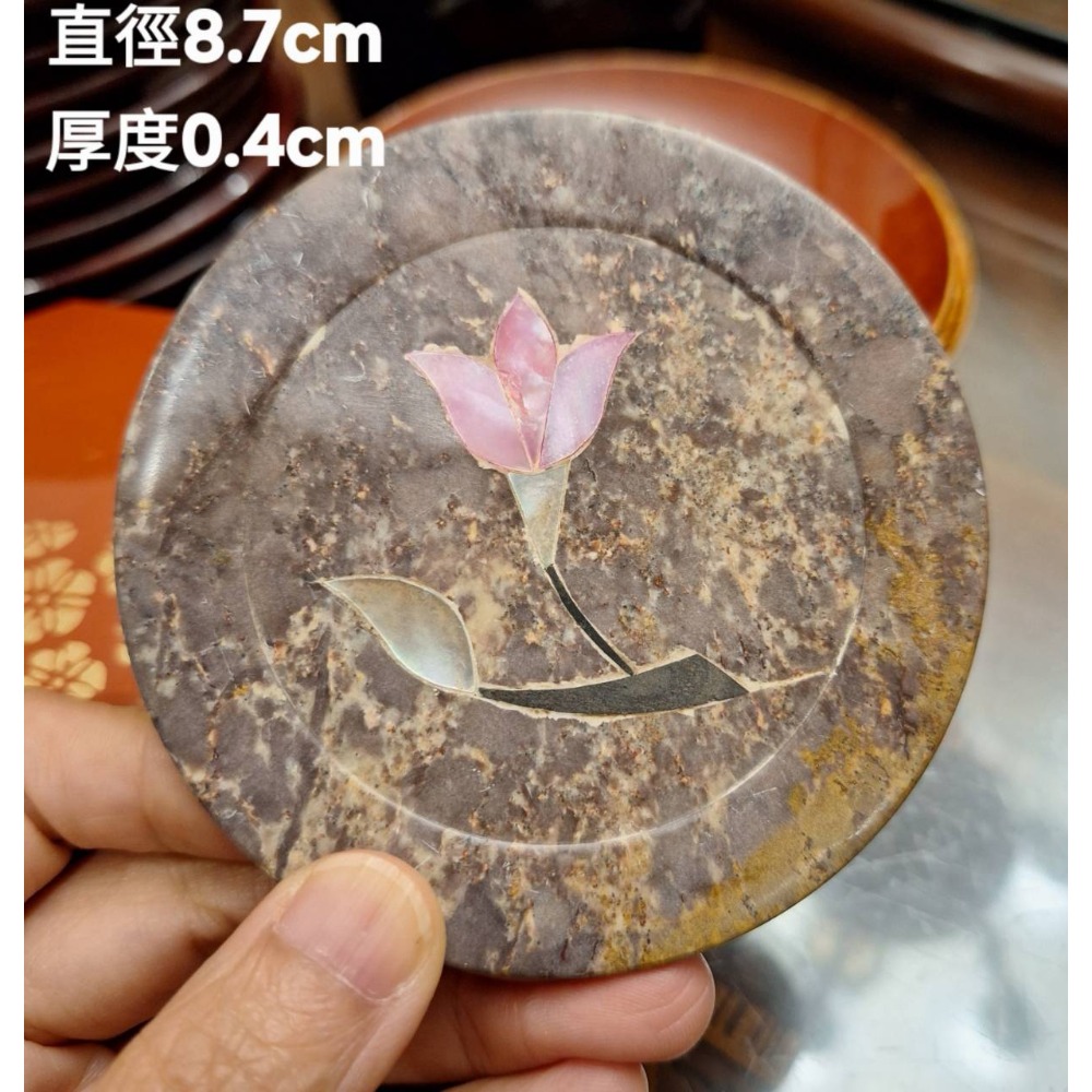 印度製造, 大理石鑲嵌貝殼花朵杯墊, 一套四個, 打包一起賣-細節圖2