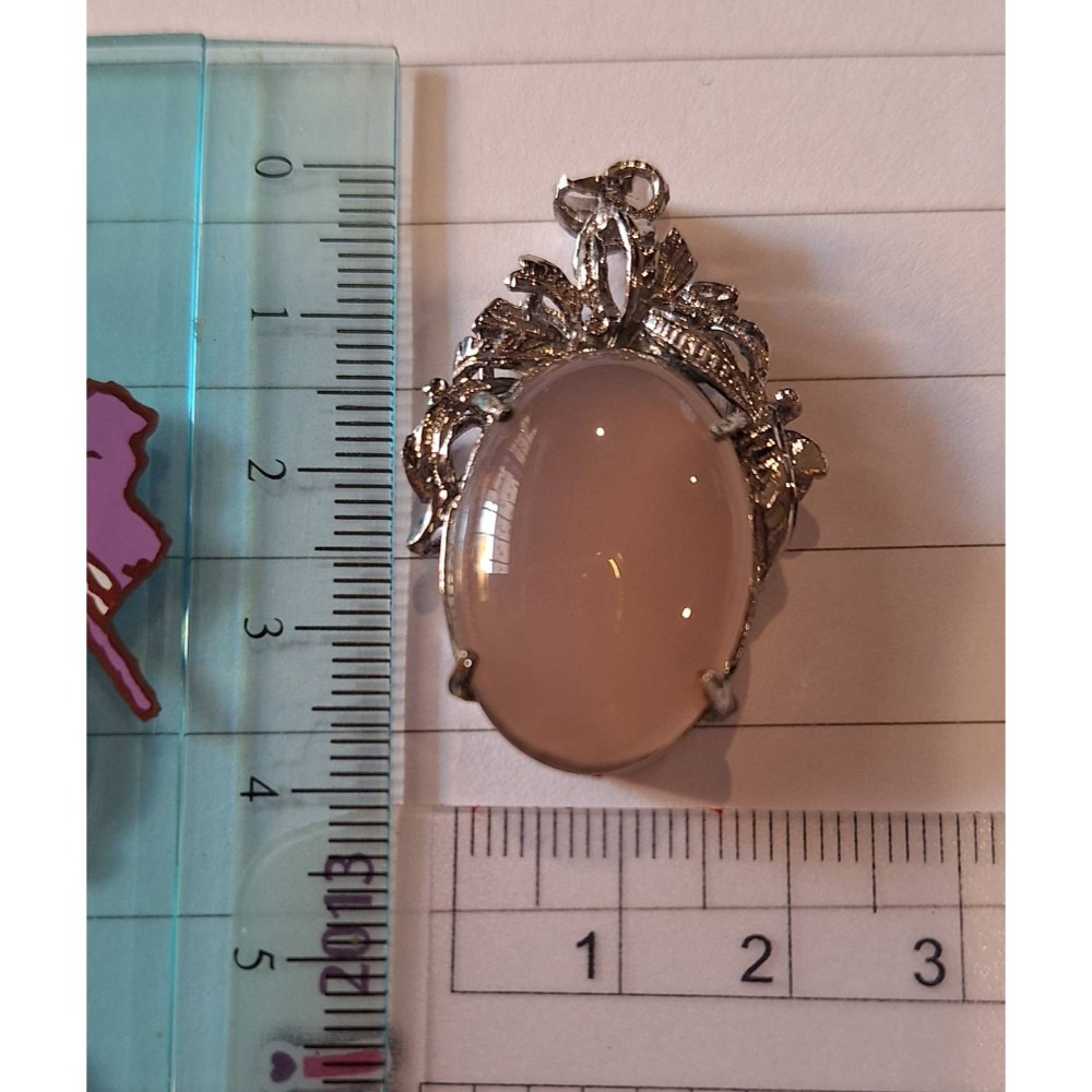 橢圓粉玉髓項鍊墜子, 合金底座, 不附鏈條-細節圖3