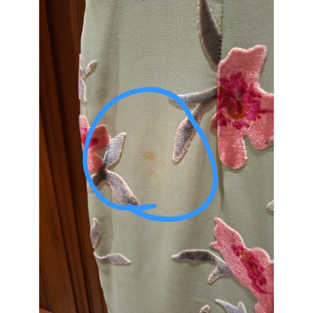 女士二手衣物，淺綠底色紅色花卉燒花絲絨平袖長款旗袍，無洗標，有一處污漬-細節圖7