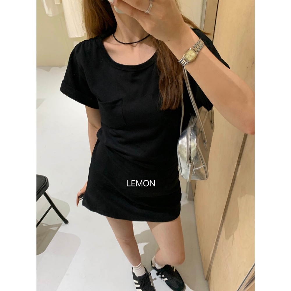 早衣服》lemon】 T恤裙 長版t  蓋屁股 鬆弛紙片人 收腰 口袋T恤圓領連衣裙  6569#  🦊2406-細節圖4