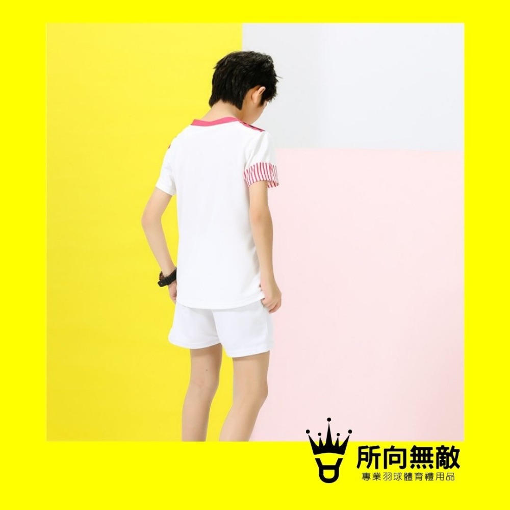 (現貨)所向無敵．YY粉白條紋專業兒童羽毛球服~兒童羽毛球衣 兒童羽球上衣 兒童羽球衣 兒童運動服 Yonex 優乃克-細節圖3