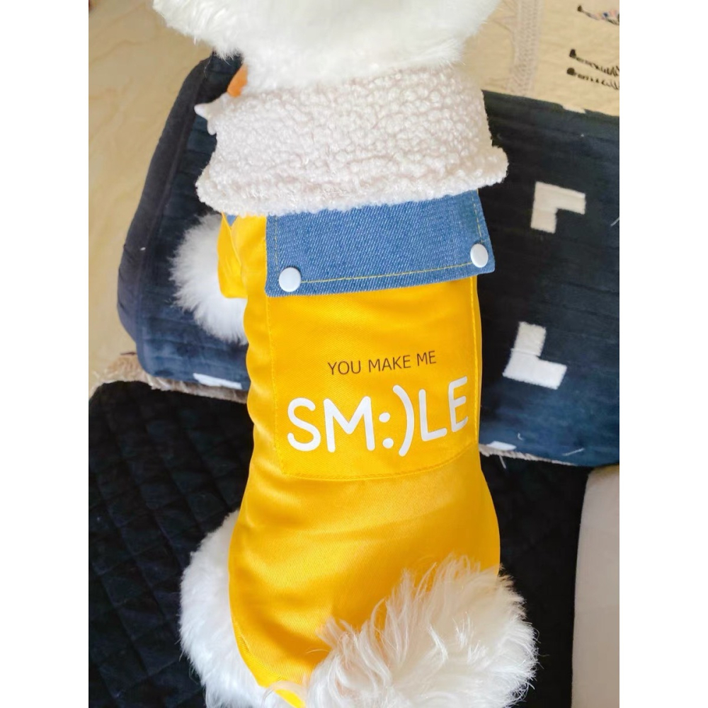 【汪喵森活】 SMILE 黃色 牛仔鋪棉外套 狗衣服 比熊 博美 貴賓 貓咪 小型犬服飾 吉娃娃 西施 比熊 秋冬服飾-細節圖5