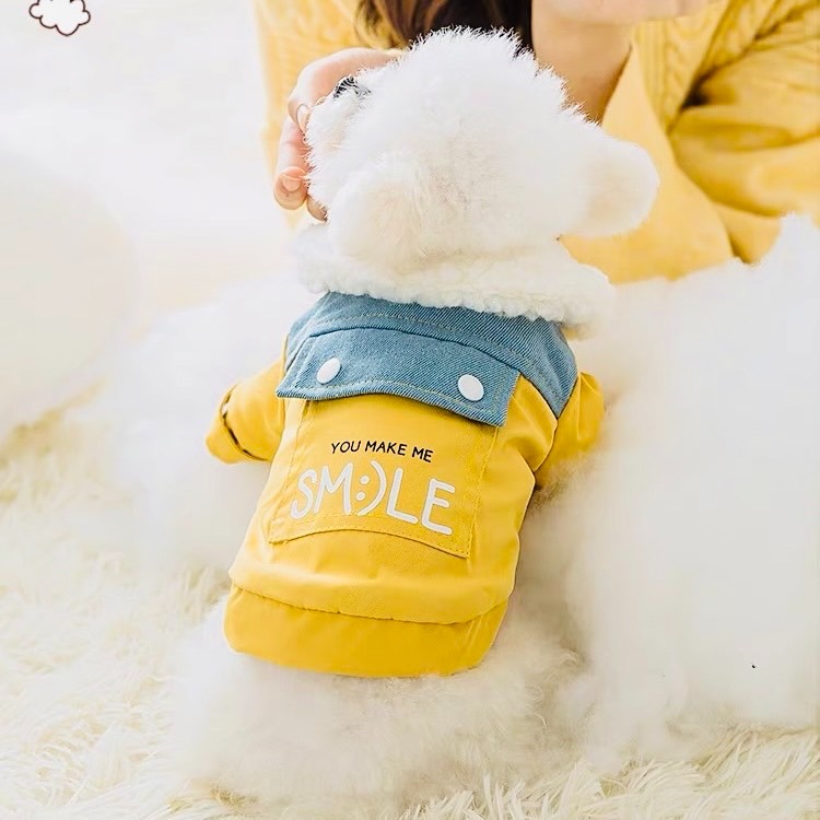 【汪喵森活】 SMILE 黃色 牛仔鋪棉外套 狗衣服 比熊 博美 貴賓 貓咪 小型犬服飾 吉娃娃 西施 比熊 秋冬服飾-細節圖7