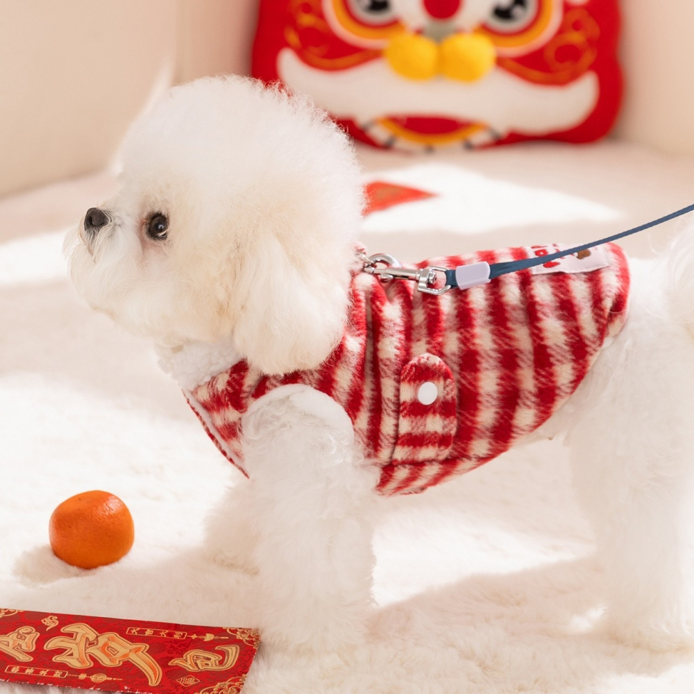 【汪喵森活】 Happy小狗 紅色格紋背心 過年衣服 紅色背心 過年 保暖背心 春節 寵物衣服 狗衣服 貓咪 新年 貓狗-細節圖3