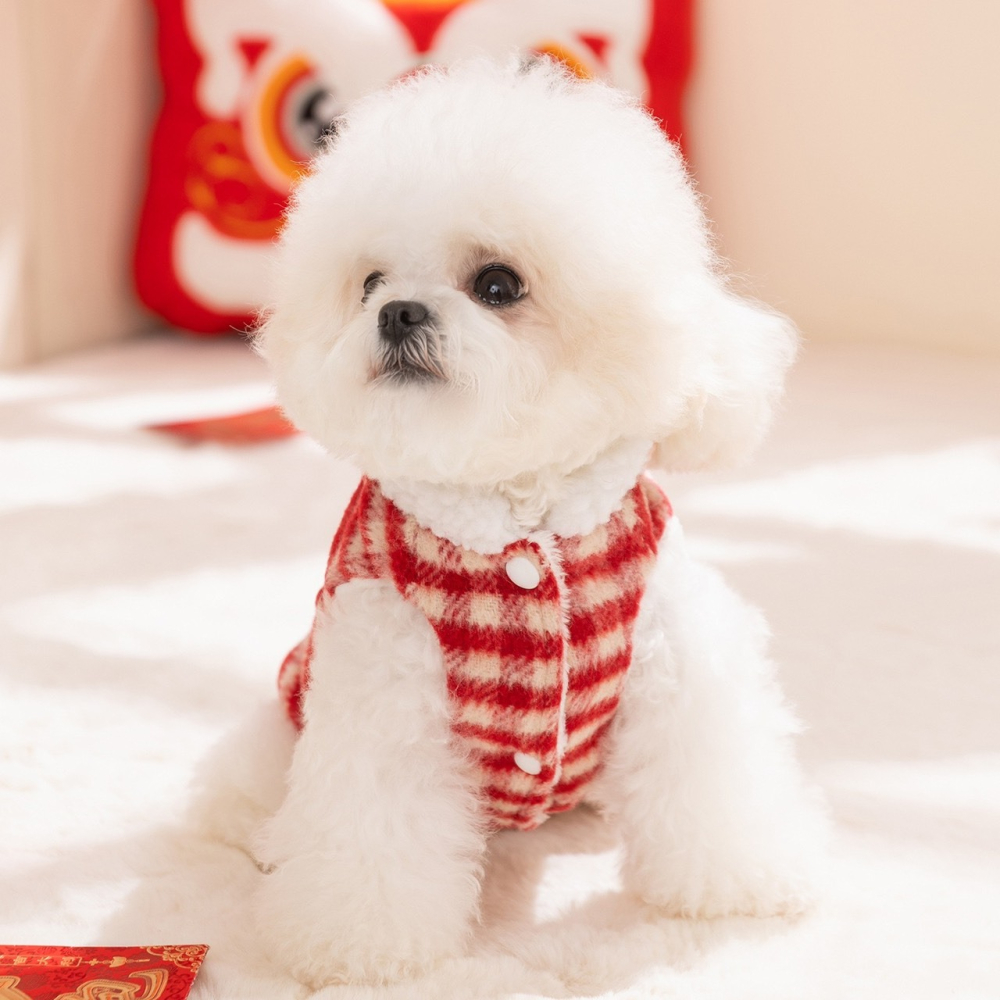 【汪喵森活】 Happy小狗 紅色格紋背心 過年衣服 紅色背心 過年 保暖背心 春節 寵物衣服 狗衣服 貓咪 新年 貓狗-細節圖4