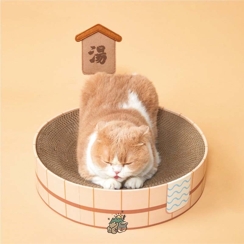 【汪喵森活】 溫泉 湯屋 附頭巾 造型貓抓板 圓形貓抓板 睡窩貓抓板 瓦楞 貓抓板 耐抓 貓抓板 圓形貓抓窩 貓咪玩具-細節圖5
