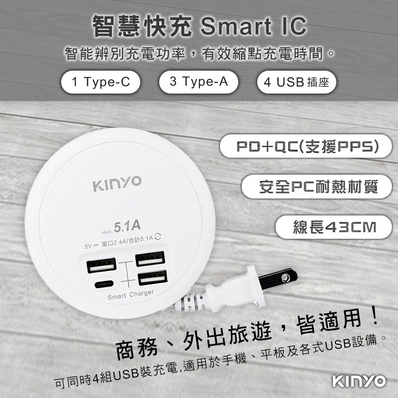 【3C小站】4USB收納智慧快充 分接器 KINYO 智慧快充 充電器 手機充電 USB充電 旅遊攜帶 PTP保護-細節圖2