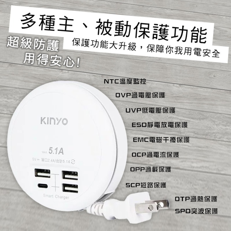 【3C小站】4USB收納智慧快充 分接器 KINYO 智慧快充 充電器 手機充電 USB充電 旅遊攜帶 PTP保護-細節圖4