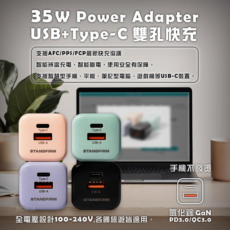【3C小站】35W 雙孔快充 TypeC PD+USB QC 迷你充電頭 氮化鎵GaN技術 充電頭 智能斷電 全電壓-細節圖2