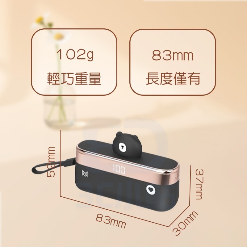 【3C小站】小熊造型 迷你口袋行動電源 直插式 即插即充 5000mah type-C 行動電源 自帶線 行充 快充-細節圖5