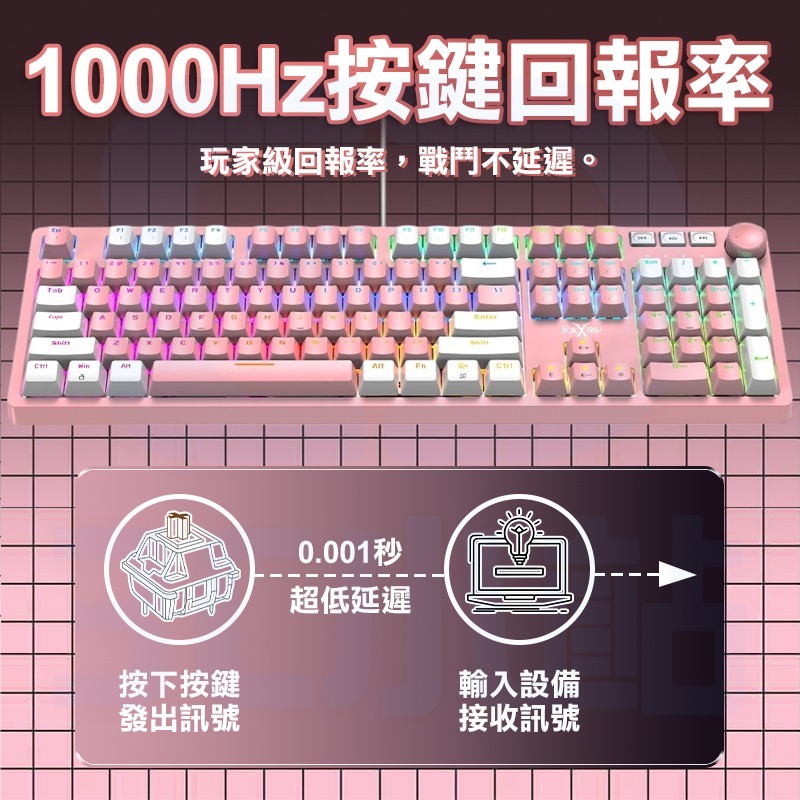 【3C小站】粉色全彩電競鍵盤 RGB炫光旋鈕機械鍵盤 電競級 青軸 茶軸 旋鈕 電競鍵盤 RGB背光 粉色鍵盤-細節圖5