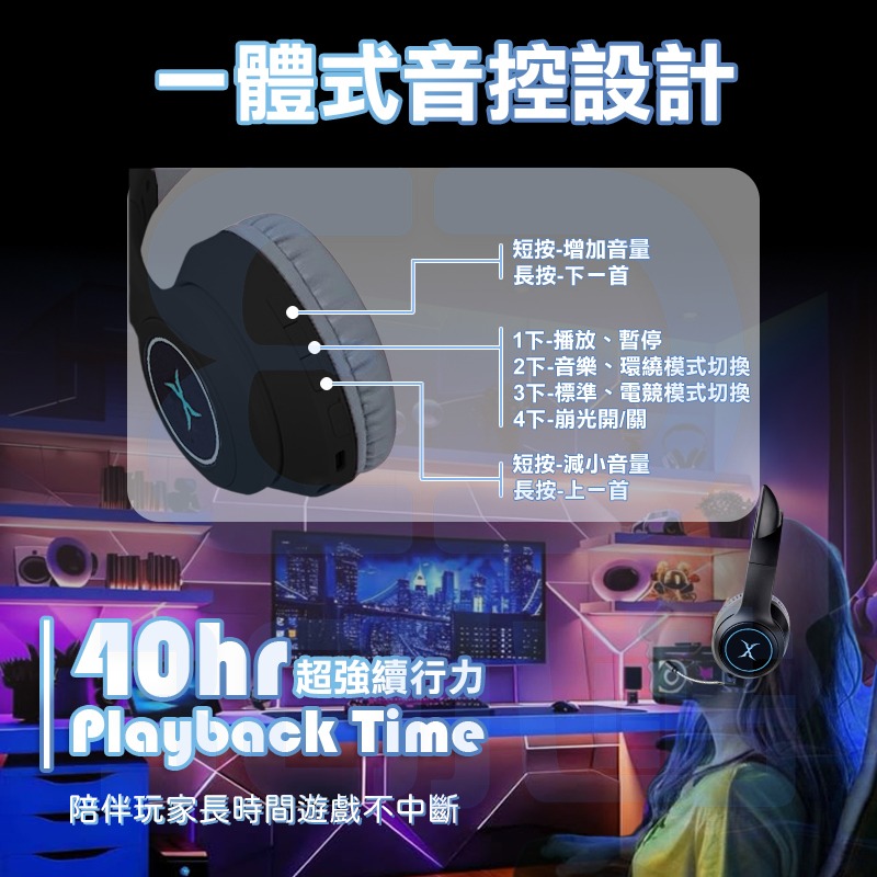 【3C小站】炫喵響狐 無線電競耳機 黑色電競耳機 萌萌貓耳 藍牙+有線 兩用 電競耳機 超低延遲 無線耳機 藍芽耳機-細節圖5