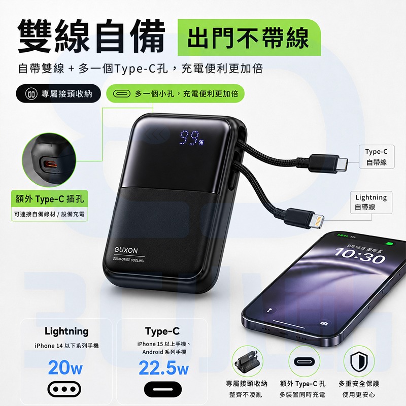 【3C小站】極方塊雙線行動電源 10000mAh 半固態電芯 固態行動電源 行充 快充 自帶線 雙線 Wh標示 可上飛機-細節圖6