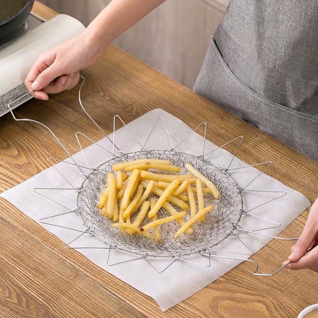 【折疊不鏽鋼油炸籃】伸縮摺疊油炸籃 炸框 瀝水籃 瀝油網 沥水篮  炸筐 家用炸薯條籃 摺疊炸物籃-細節圖5