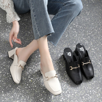 TASHUO 拖鞋女粗跟包頭外穿韓版時尚百搭2022春季新款方頭復古百搭高跟鞋