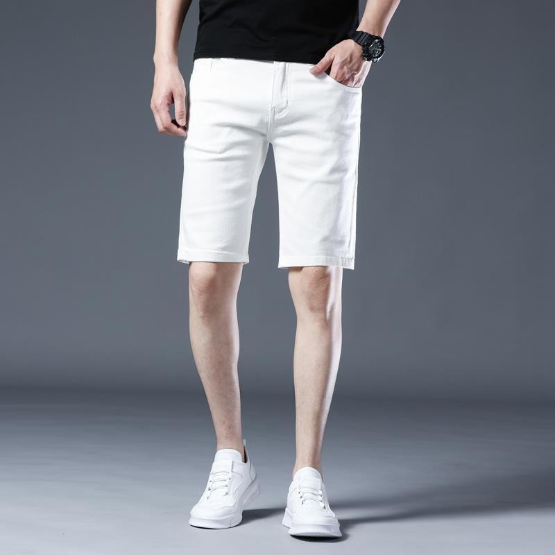 高端白色牛仔短裤男韩版短裤膝上短裤丹宁牛仔牛仔布中裤潮流夏季薄款牛短裤休闲短裤五分裤膝上短裤男生短裤-細節圖4