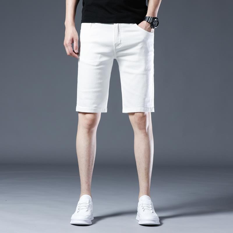 高端白色牛仔短裤男韩版短裤膝上短裤丹宁牛仔牛仔布中裤潮流夏季薄款牛短裤休闲短裤五分裤膝上短裤男生短裤-細節圖7